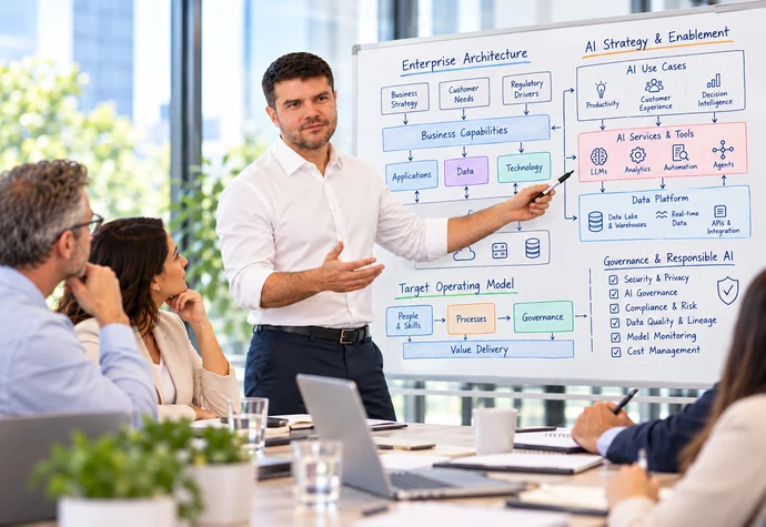 Illustrative workshop scene of Edge Pereira facilitating enterprise architecture and AI discussions at a hand-drawn whiteboard